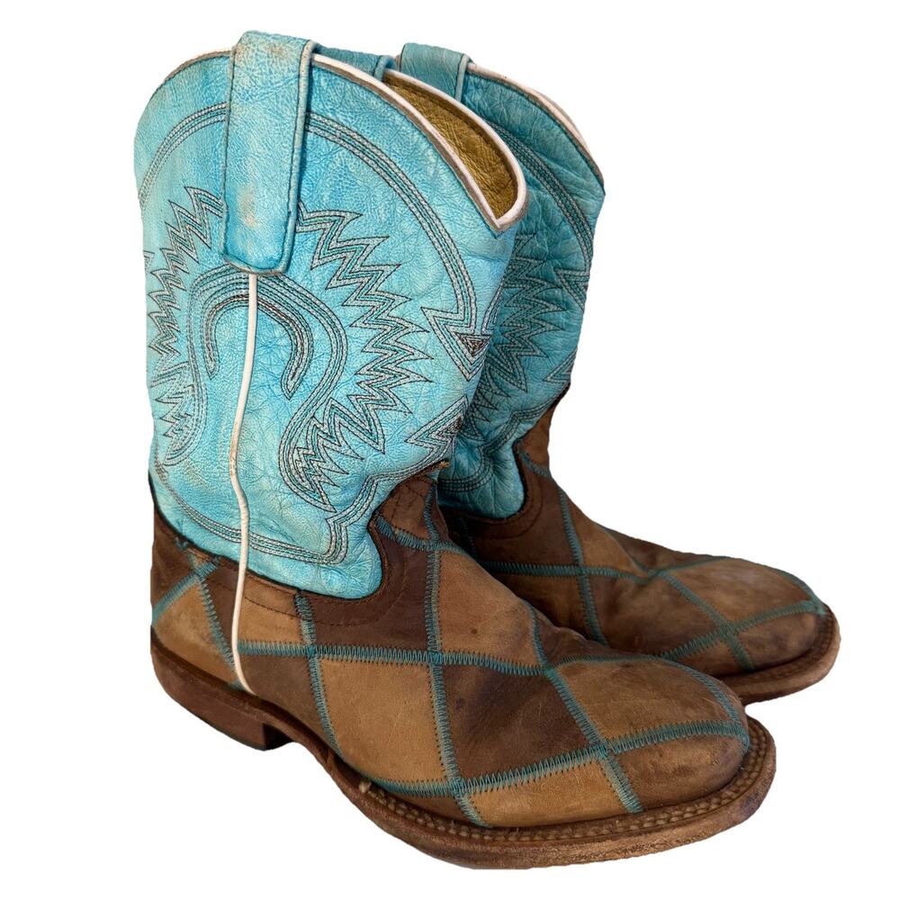 HP Western Boots Girls Size 1 Blue Brown Leather Embroidered Cowboy
